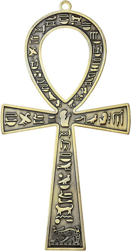 Large Metal Egyptian ANKH Cross Made in Egypt with an Ancient Egyptian Hieroglyphic Symbols on Both Sides (Antique Brass Tone)