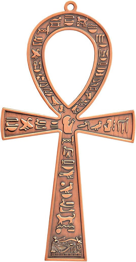 Large Metal Egyptian ANKH Cross Made in Egypt with an Ancient Egyptian Hieroglyphic Symbols on Both Sides (Antique Copper Tone)