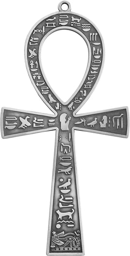 Large Metal Egyptian ANKH Cross Made in Egypt with an Ancient Egyptian Hieroglyphic Symbols on Both Sides (Antique Silver Tone)