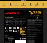 Abkoncore TN850W GM 850W, 80+ Gold Certified, Full Modular, 12V Single Rail, 135mm Quiet Cooling Fan, ECO Friendly, Active PFC - Black