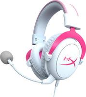 HyperX Cloud II Gaming Headset, For PC / PS4 / PS5, Battery Up to 30 Hours, 7.1 Surround Sound, Memory Foam, Detachable Noise Cancelling Microphone, White - Pink