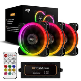 Aigo Aurora DR12 3IN1 Kit Case Fan 3-Pack RGB LED 120mm High Performance High Airflow Adjustable colorful PC CPU Computer Case Cooling Cooler with Controller