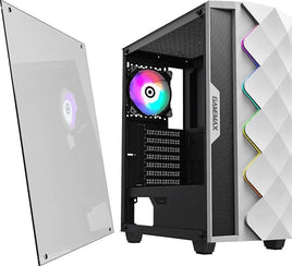 GameMax White Diamond ARGB Mid-Tower PC Gaming Case, ATX, 3 Pin Aura Male & Female Connectors, Built in ARGB LED Strip, 1 x 120mm ARGB Fan Included, Water-Cooling Ready | White